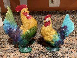 Vintage Hen & Rooster Ceramic Figurines Hand Painted Chicken