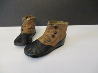 Antique Leather Baby Brown Black Button Up Hightop Shoes German Bisque Dolls