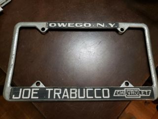 Vintage Joe Trabucco Chevrolet Dealer License Plate Frame Chevy Owego,  Ny