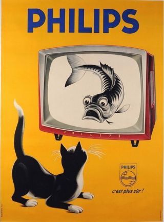 Vintage French Philips Tv Cute Cat And Fish Advertising Poster A3 Print