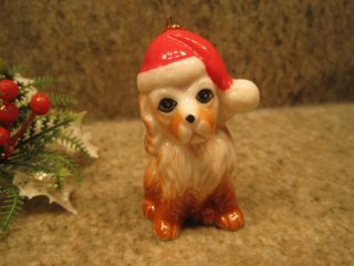 Vintage Porcelain Cocker Spaniel Dog Puppy W/ Santa Hat Christmas Ornament