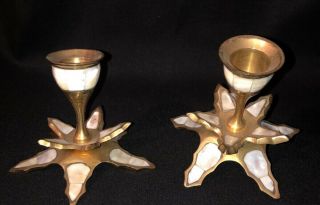 Vintage Brass Mother Of Pearl Inlay 2 - Candle Sticks Candlestick Abalone Shell