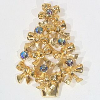 Vintage Signed Avon Christmas Tree Pin Brooch Gold Tone Blue Ab Rhinestones