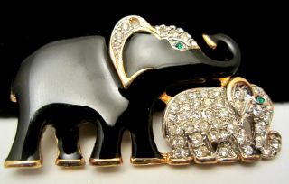 Vintage 1 - 3/4 " Signed Craft Goldtone Rhinestone Enamel Elephant Brooch Pin