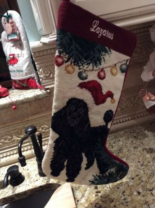 Vintage Christmas Stocking Needlepoint Poodle Santa Dog Wool