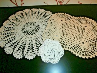 Three Vintage Beige/white Hand Worked Cotton Crochet Lace Doilies