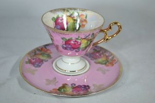 Royal Halsey Iridescent Fruit Tea Cup And Saucer Pink Gold Trimmed Vintage