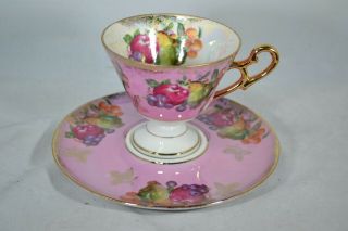 Royal Halsey Iridescent Fruit Tea Cup and Saucer Pink Gold Trimmed Vintage 2