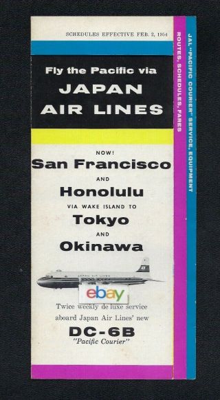 Japan Air Lines 2 - 2 - 1954 Brochure/timetable Dc - 6b Cutaway Art - Routes Sf - Hnl - Wake