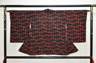 Vintage Silk Kimono Jacket:unique Black/poppy Red Autumn Grass@yy17
