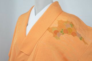 Vintage Silk Wedding Kimono:158cm Tall Tsukesage Orange Chrysanthemum@kd65