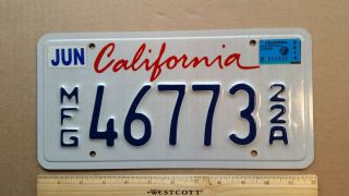 License Plate,  California,  2014,  Manufacturer,  Mfg 46773 22a