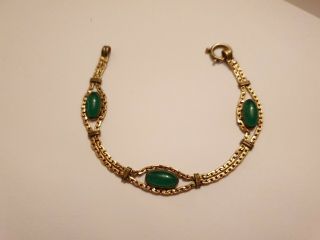 Vintage Art Deco Yellow Metal And Emerald Green Paste Glass Bracelet
