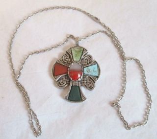 Vintage " Miracle " Lg Scottish Celtic Cross Necklace Mixed Agate Stones