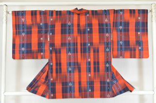 Vintage Silk Kimono Jacket:oshima - Tsumugi Poppy Red/navy Blue Sparrow@ke09