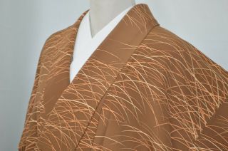 Vintage Silk Wedding Kimono:156cm Tall Brown Autumn Grass@ku09