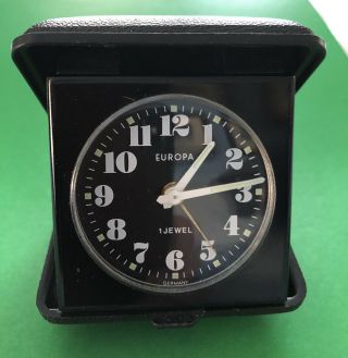 Vintage Europa Jewel Travel Alarm Clock In Case Made In Germany Rare Collectible