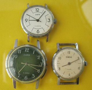 Set 3 Zaria Vintage Russian Soviet Ussr Wrist Watch Dial Case Movement Zarja.
