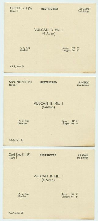 THREE VINTAGE AIRCRAFT RECOGNITION CARDS - VULCAN B MK.  1 BOMBER 2