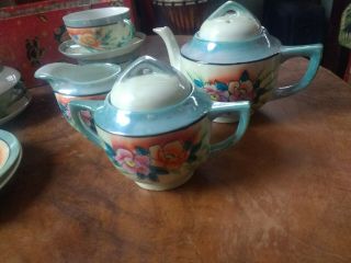 Antique Vintage Childs Tea Set Lusterware Camellias Blue Rim Orig Box