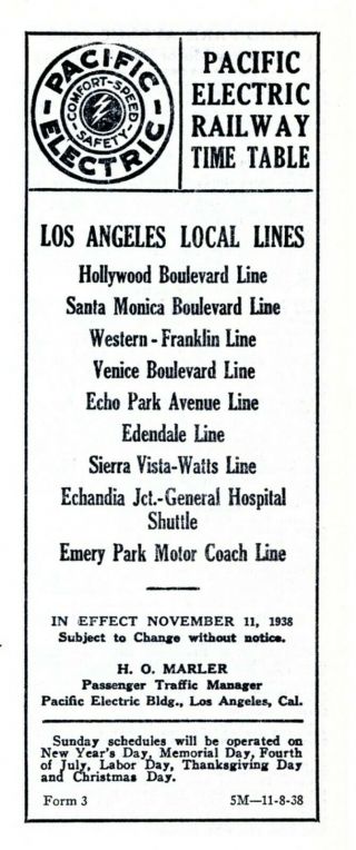 Pacific Electric Ry Los Angeles Local Lines Time Table Time Table,  May 29,  1938