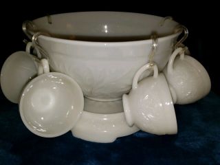 Vintage Milk Glass Sandwich Pattern Punch Bowl With Stand & 6 Glasses Set
