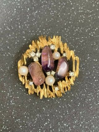 Vintage Jewellery Amethyst,  Pearl And Rhinestone Gold Ton Brooch