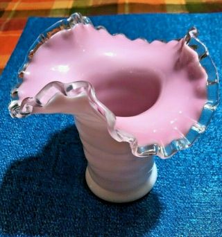Vintage Fenton Pink And White Milk Glass Vase With Clear Ruffled Top