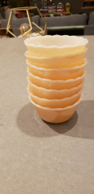 Vintage Set Of 7 Fire King Peach Lustre Ramekins Custard Cups Milk Glass