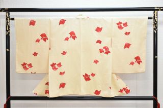 Vintage Silk Kimono Jacket:charming Red Kikkyou Flower@yy49