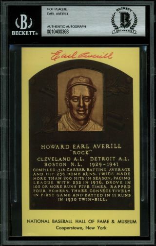 Indians Earl Averill Authentic Signed 3.  5x5.  5 Hof Plaque Postcard Bas Slabbed