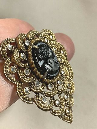 Vintage Black Cameo Dress Or Scarf Clip With Marcasites