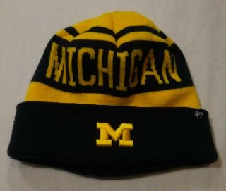 University Of Michigan/u Of M Mens Beanie Knit/winter Hat/cap - Navy Blue/yellow