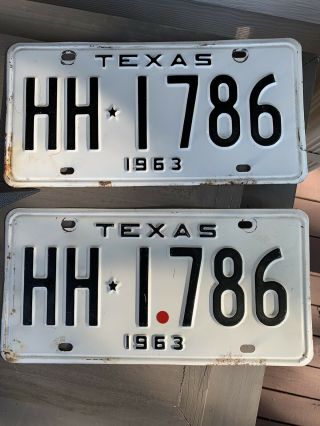 Vintage Texas Automobile License Plate Matched Pair Hh 1786 1963 Set