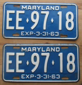 Maryland 1963 License Plate Pair - Quality Ee - 97 - 18