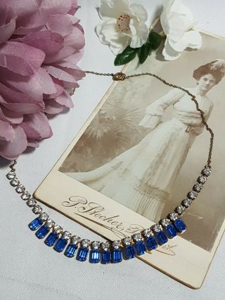 Gorgeous Vintage 1960s Blue White Crystal Diamante Necklace Choker
