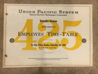 1929 Union Pacific Railroad Co Up Sys Employee Timetable Nebraska Division 425