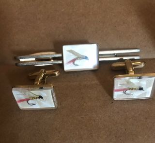 Vintage Swank Tie Clasp,  Cufflink Set,  Real Fly Fishing Lures,  Box,  Great