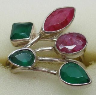 Vintage Sterling Silver Chunky Ruby & Green Agate Ring (size: 8) - Gorgeous