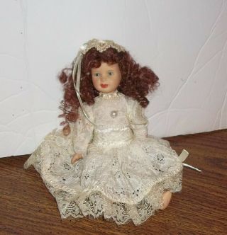 Vintage Complete Body Porcelain Victorian Doll Yellow Lace Dress Brown Curls 9 "