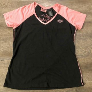 Harley Davidson Women’s Shirt Black And Pink Size Large Fitted Short Sleeve