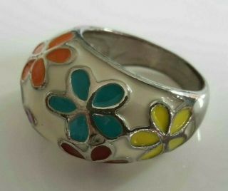 Vintage Very Large Chunky Size Y - Z Multi Colour Flower Enamel Statement Ring R1