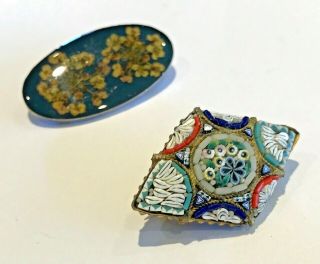 Vintage Micro Mosaic Brooch And Pressed Flowers Pin Badge Costume Jewellery
