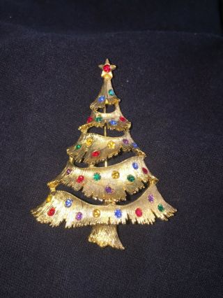 Vintage Gold Tone Rhinestone Christmas Tree Brooch Pin Signed Jj