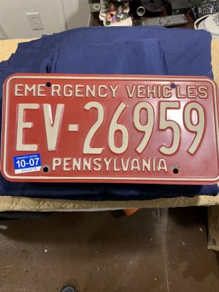 Pennsylvania Emergency Vehicle License Plate Tag Pa.  Rear Mounted Good Cond
