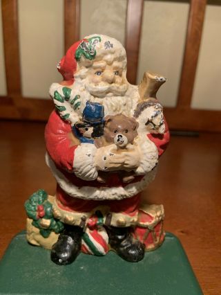 Cast Iron Christmas Santa With Toys Stocking Hanger Holder Heavy Vintage 2