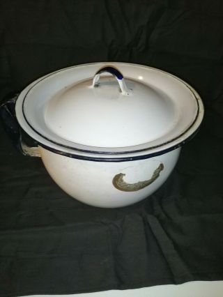 Vintage White W/blue Trim Enamel Chamber Pot Lid & Bail Handle Enamelware