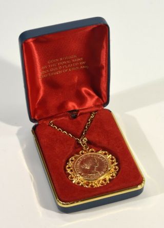 Vintage Royal 22ct Gold Plated Coin Pendant In Case 1966.