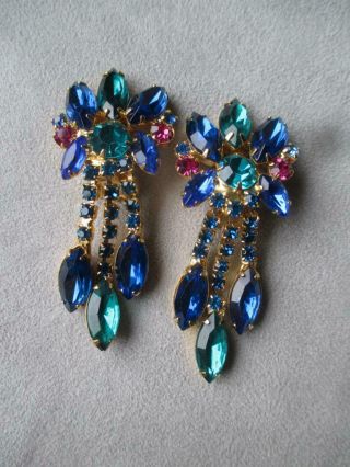 Very Colorful Vintage Rhinestone Earrings W/ Dangles