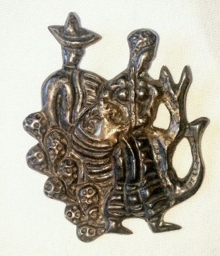Large Vintage Mexico Silver Man & Woman Figural Cactus Brooch Pin